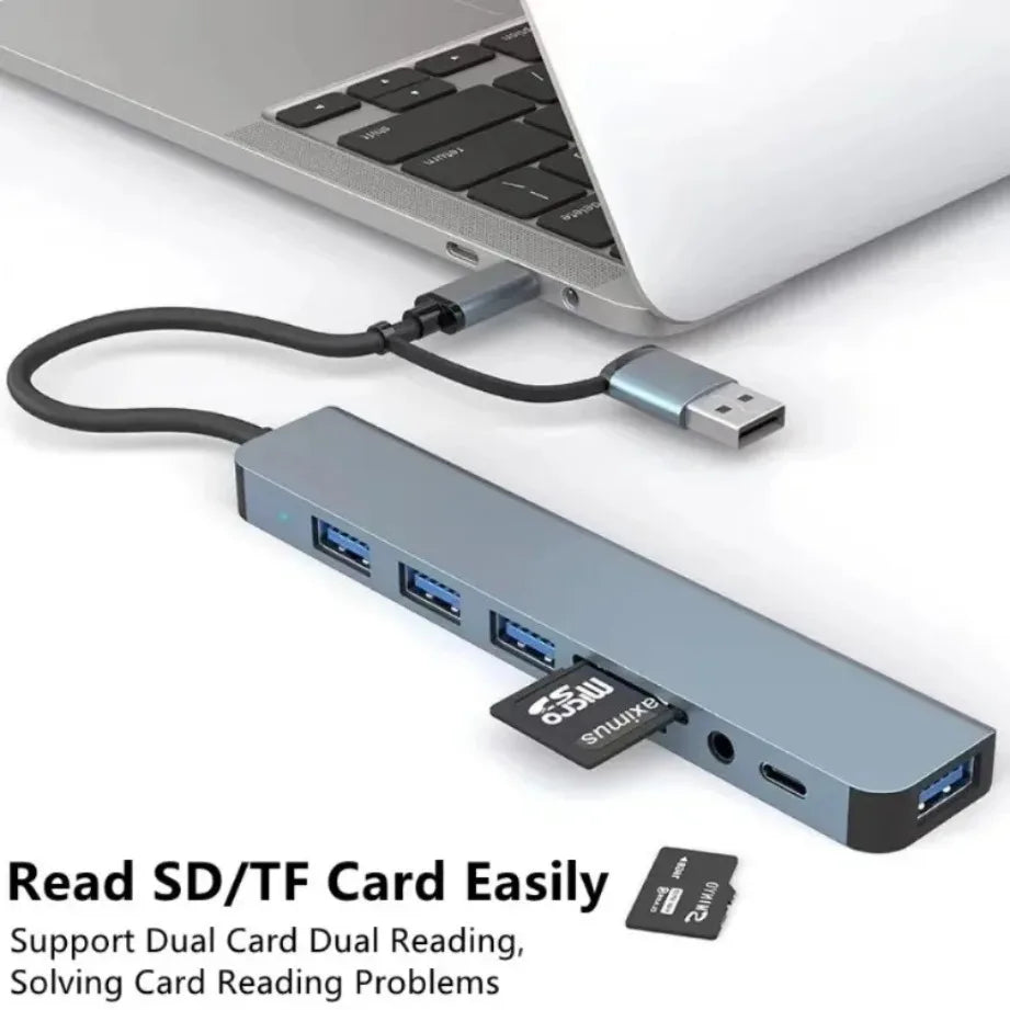 8-in-2 Type-C USB 3.0 Hub – Multi-Port Splitter with SD/TF Card Reader & 3.5mm Audio Jack for MacBook and Laptops