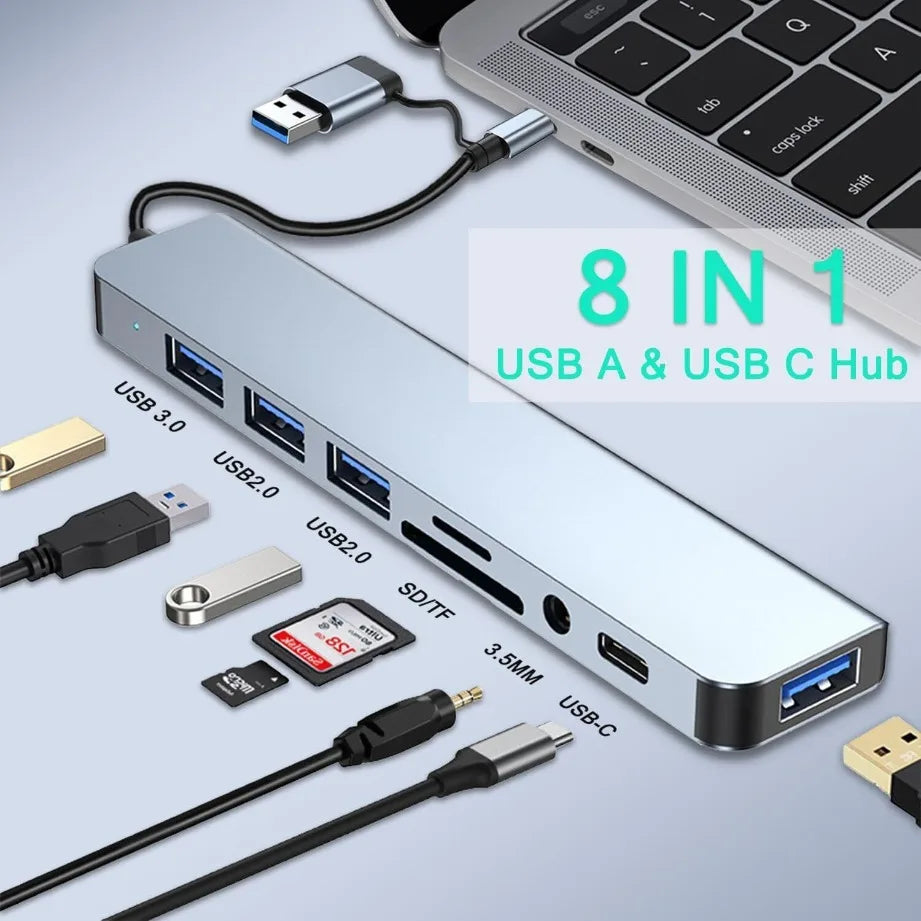 8-in-2 Type-C USB 3.0 Hub – Multi-Port Splitter with SD/TF Card Reader & 3.5mm Audio Jack for MacBook and Laptops