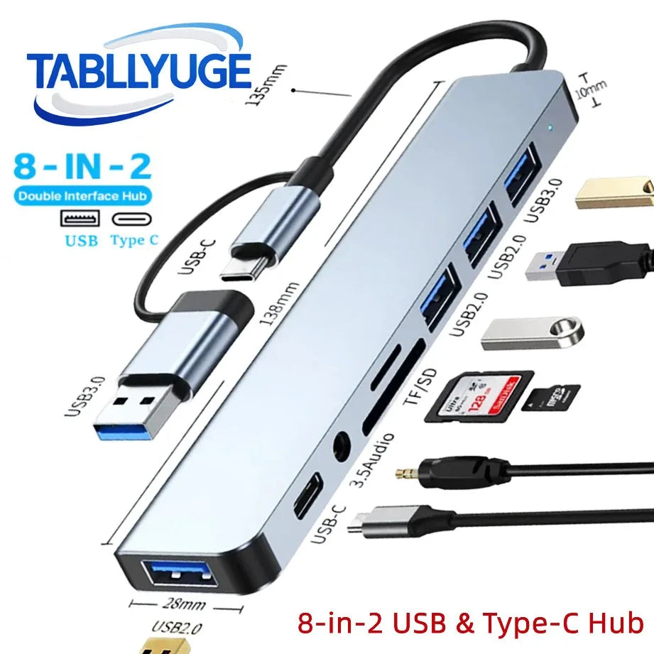 8-in-2 Type-C USB 3.0 Hub – Multi-Port Splitter with SD/TF Card Reader & 3.5mm Audio Jack for MacBook and Laptops