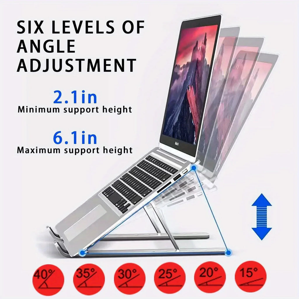 Adjustable Aluminum Laptop Stand – 6-Level Ergonomic Height & Foldable Portable Design for 8-16” Devices
