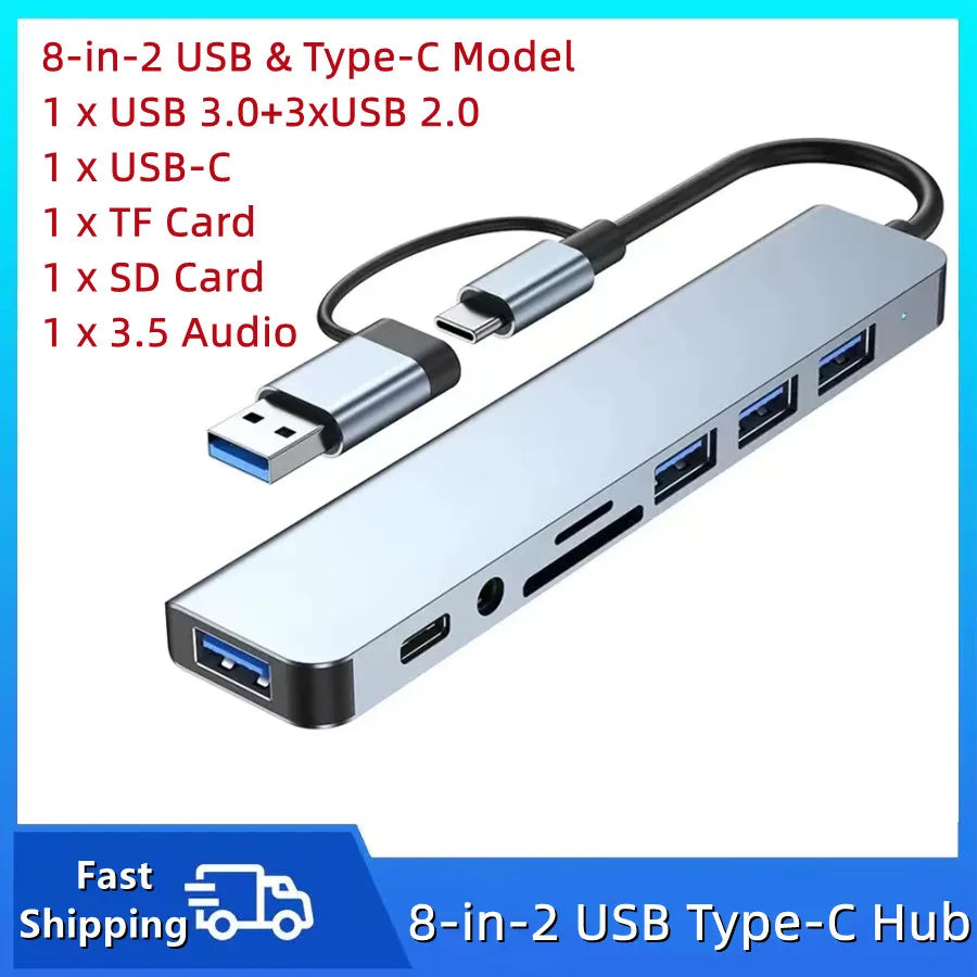 8-in-2 Type-C USB 3.0 Hub – Multi-Port Splitter with SD/TF Card Reader & 3.5mm Audio Jack for MacBook and Laptops