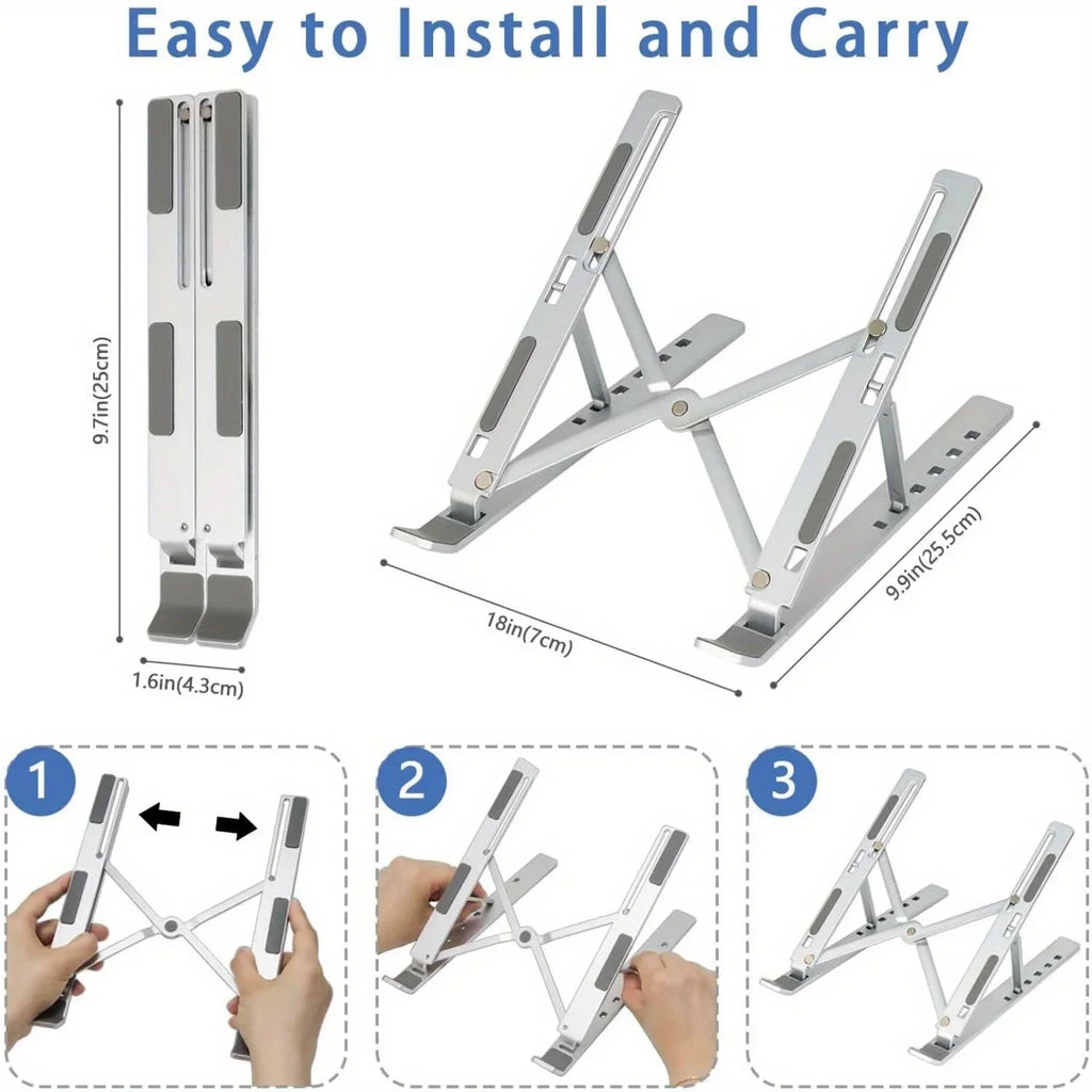 Adjustable Aluminum Laptop Stand – 6-Level Ergonomic Height & Foldable Portable Design for 8-16” Devices