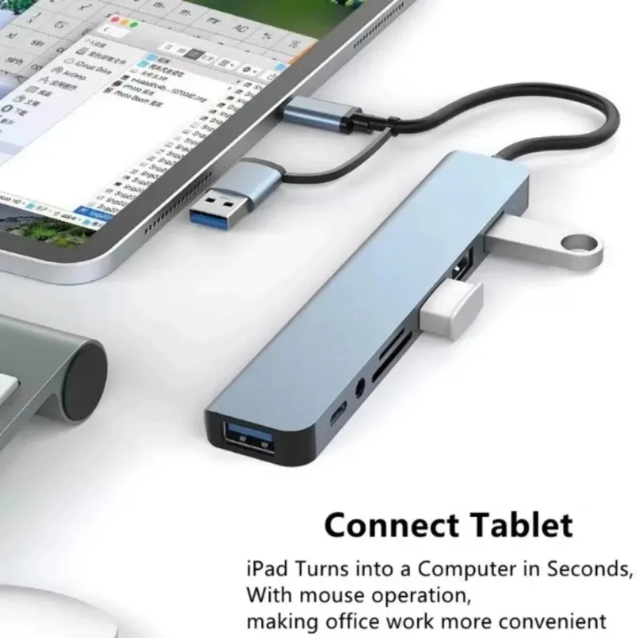 8-in-2 Type-C USB 3.0 Hub – Multi-Port Splitter with SD/TF Card Reader & 3.5mm Audio Jack for MacBook and Laptops