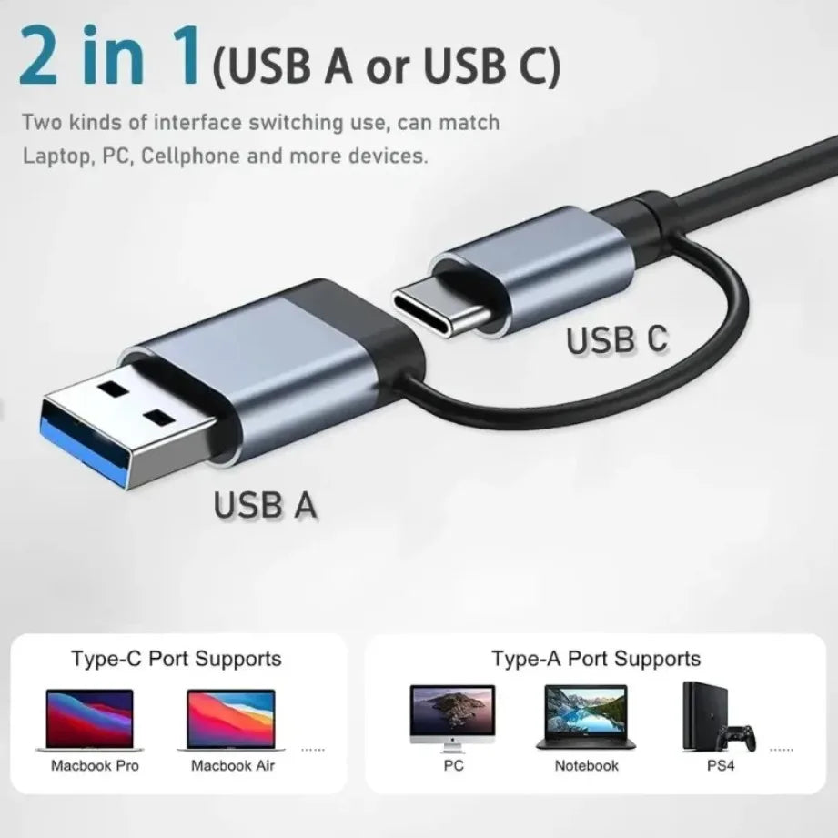 8-in-2 Type-C USB 3.0 Hub – Multi-Port Splitter with SD/TF Card Reader & 3.5mm Audio Jack for MacBook and Laptops